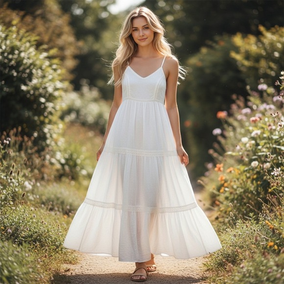 Joie Dresses & Skirts - Joie White Tiered Maxi Sun Dress M Crochet Lace Trim Boho Beach White Vacation